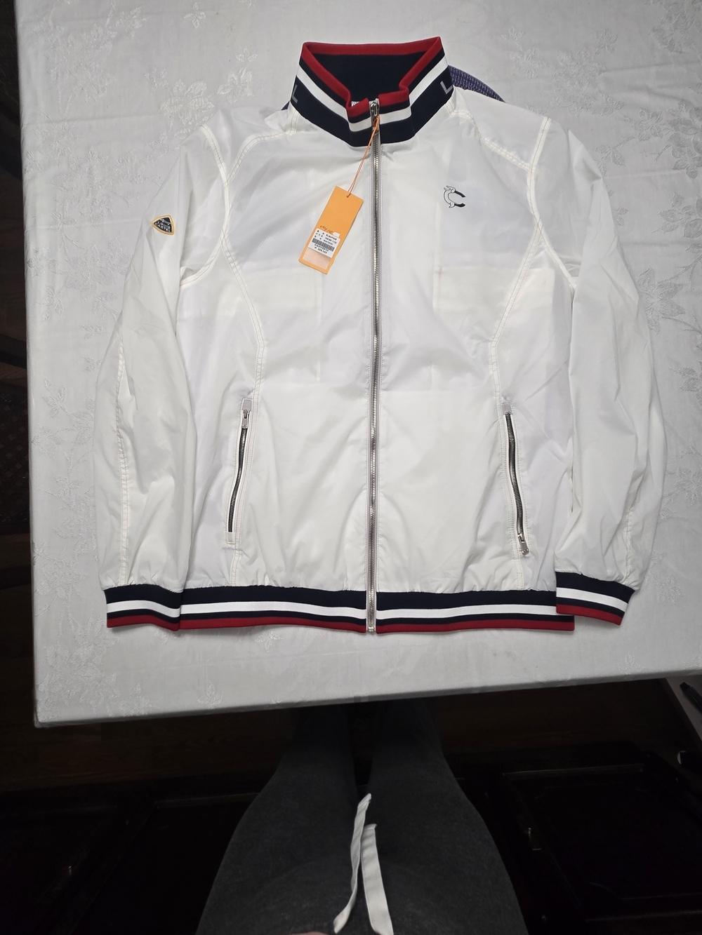 Louis Castle Men's White Bomber Jacket with Stripe Trim